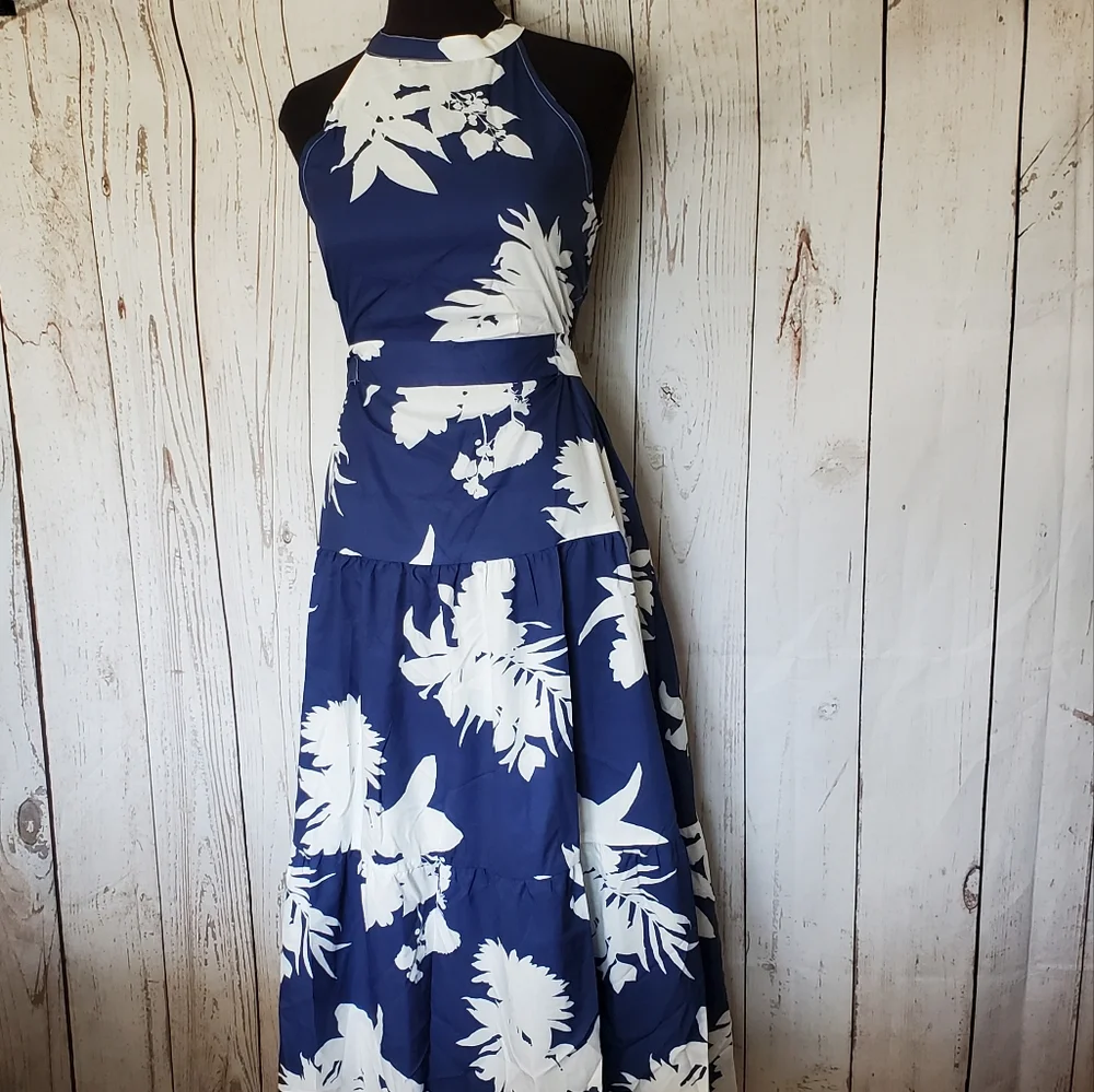 Kara and Kate sleeveless maxi dress halter neckline blue with white flowers S - Picture 3 of 16